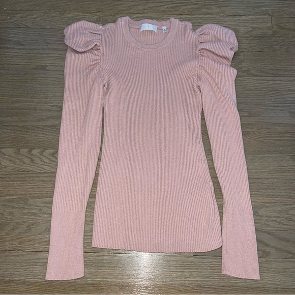 7 for all Mankind Cashmere Wool Blend Pink Puff Ribbed Crew Neck Sweater Size M - Picture 2 of 12